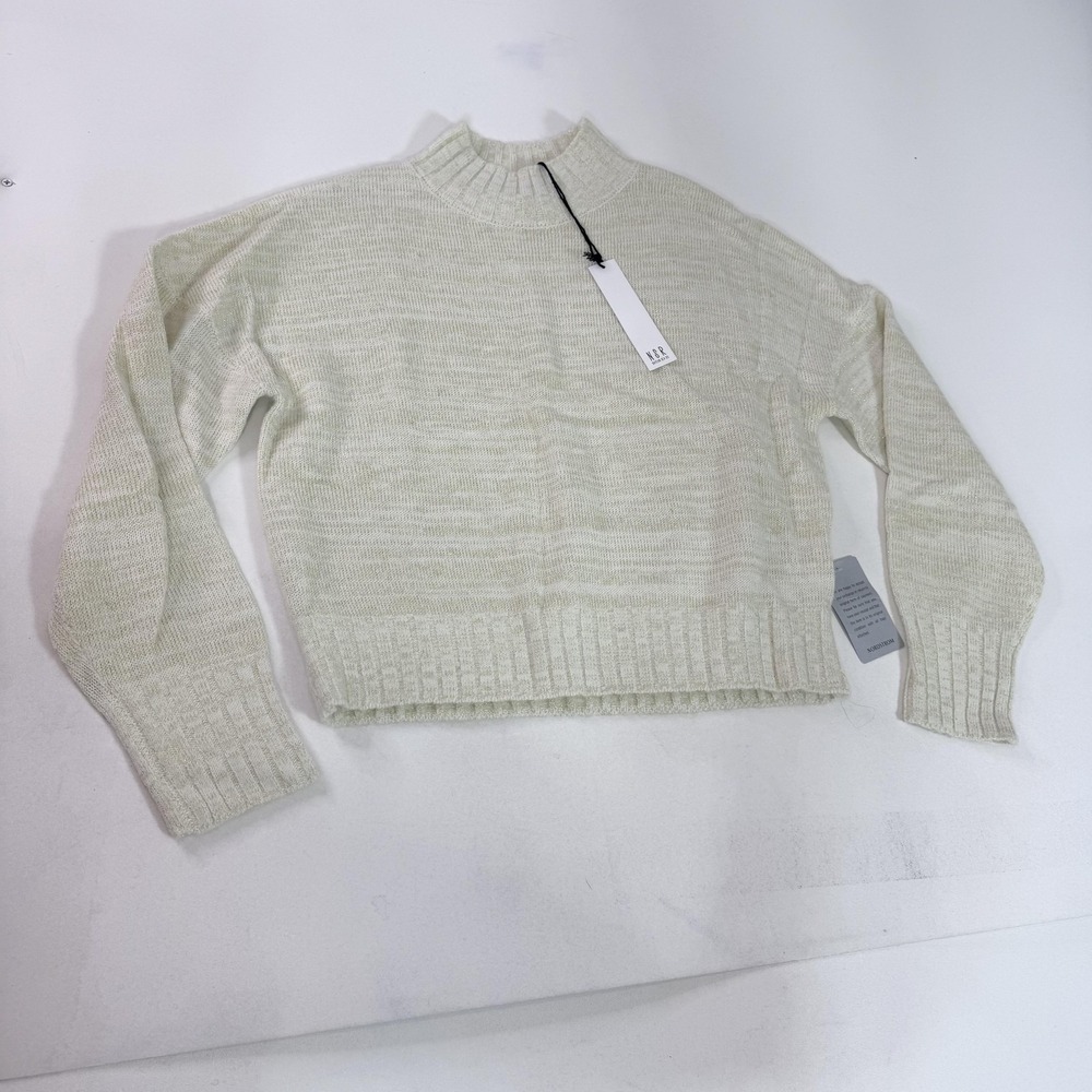 NSR Sweater Womens Large White Mock Neck Metallic Knit Cropped Pullover Glitter